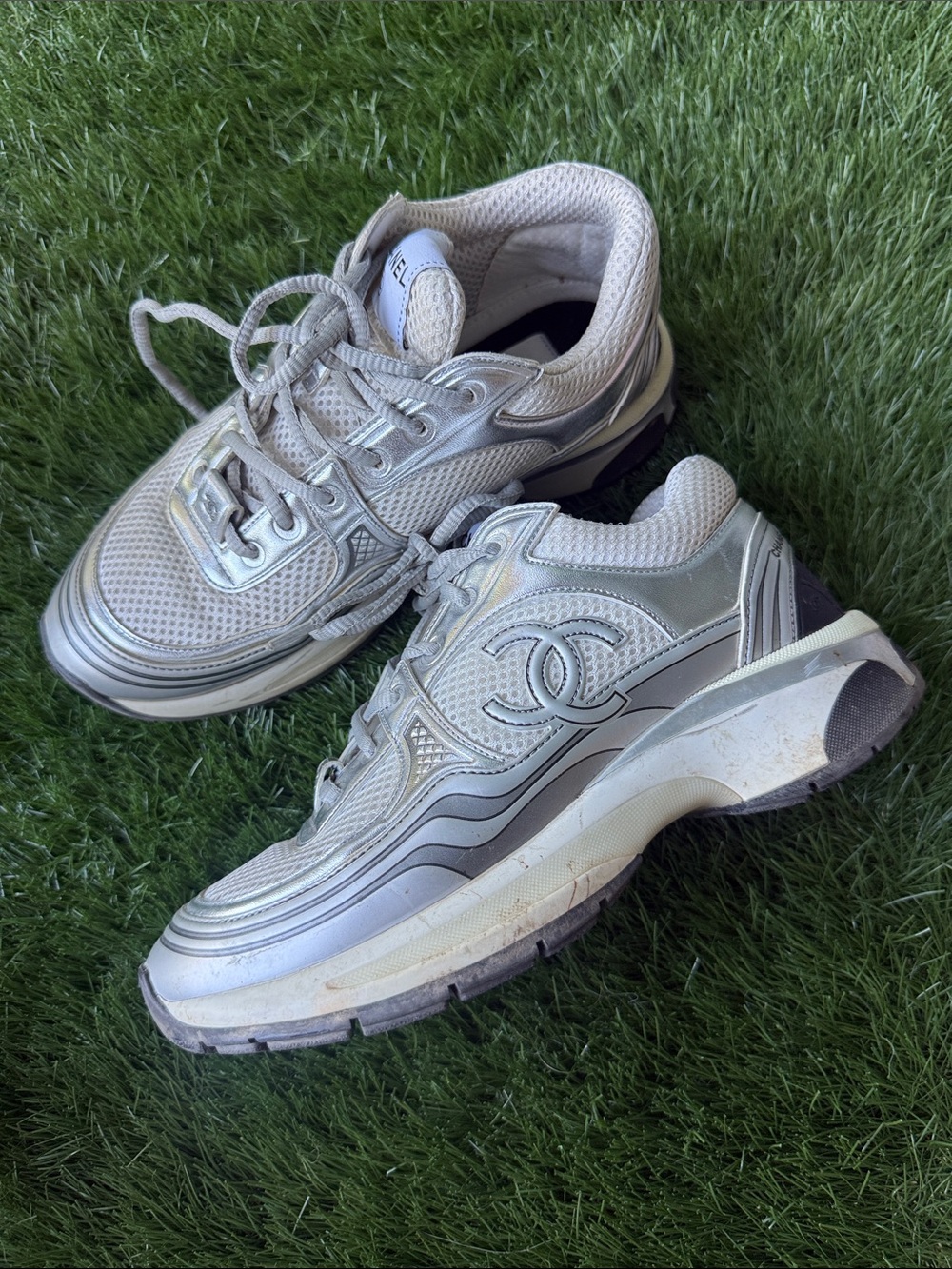 Chanel Silver Mesh and Leather Platform Sneaker 37